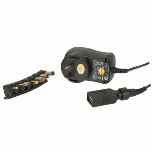 Power Supply 3-12V DC 27W 7DC Plugs and USB Outlet MP3316