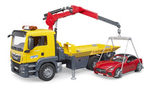 Load image into Gallery viewer, Bruder MAN TGS Flat Top Tow Truck with Roadster with Lights &amp; Siren - 24003750
