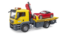 Load image into Gallery viewer, Bruder MAN TGS Flat Top Tow Truck with Roadster with Lights &amp; Siren - 24003750
